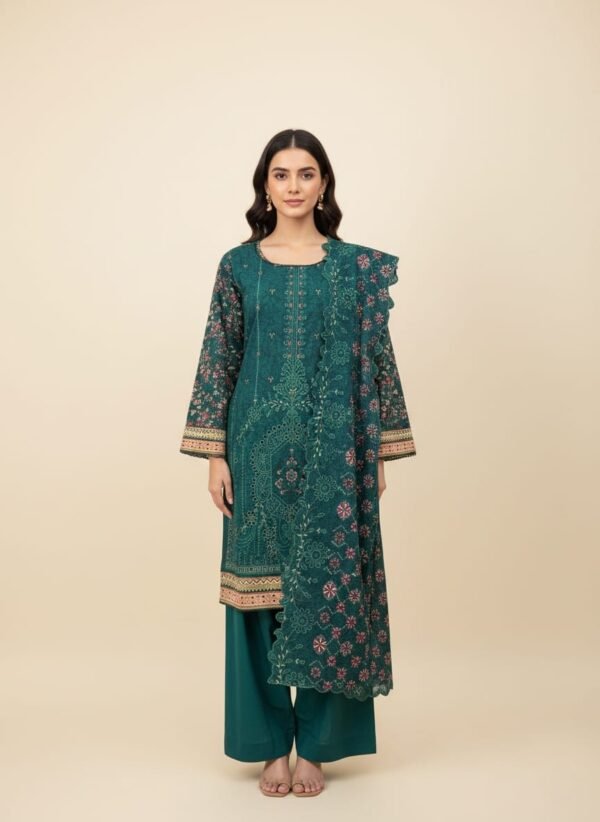 Lawn ChikanKari Cutwork 3PC Stitched