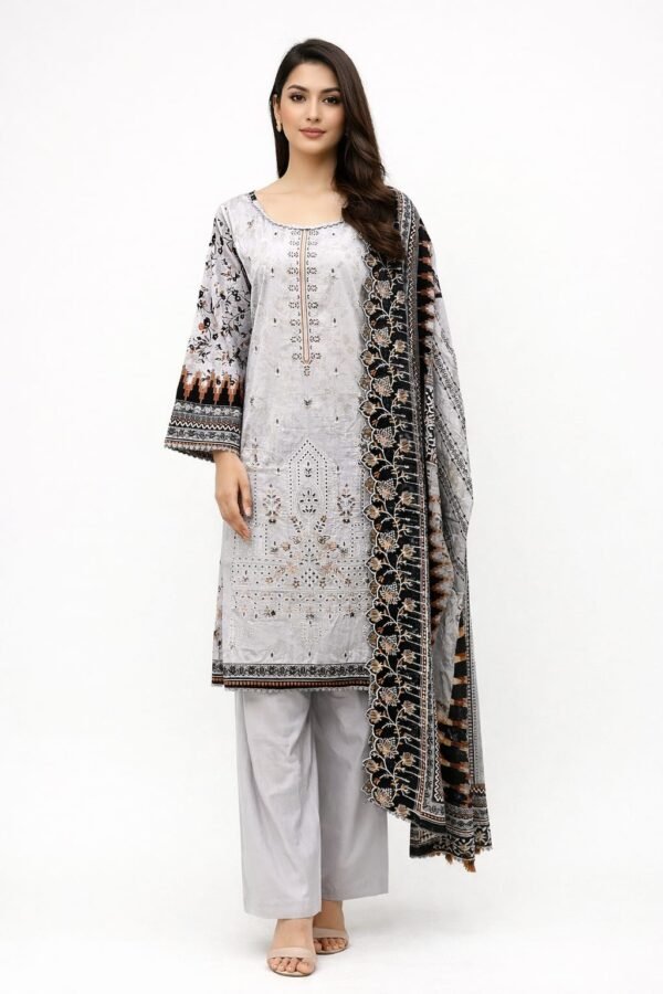 Lawn ChikanKari Cutwork 3PC Stitched