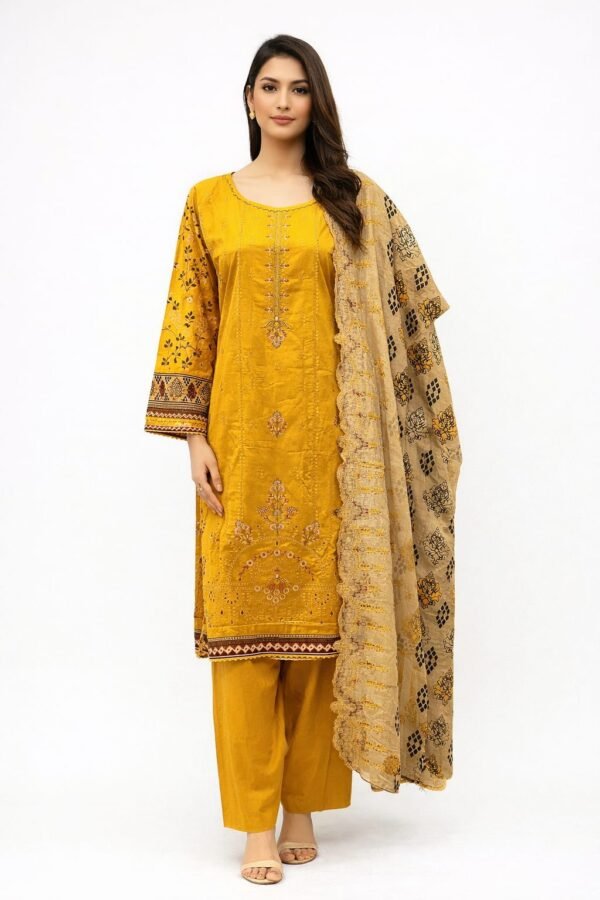 Lawn ChikanKari Cutwork 3PC Stitched