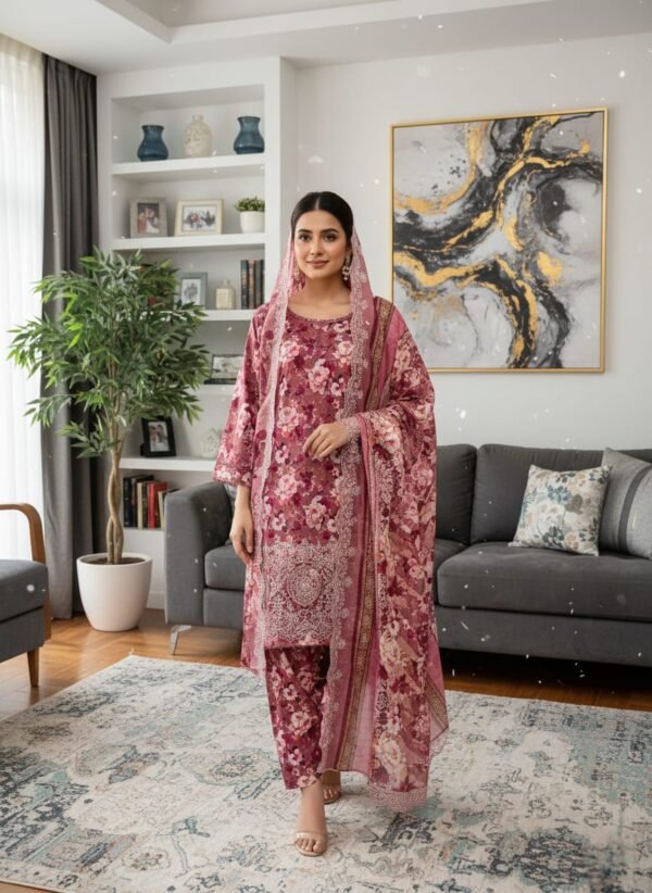 Lawn ChikanKari Cutwork 3PC Stitched