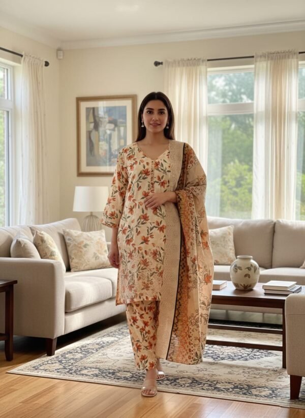 Lawn ChikanKari Cutwork 3PC Stitched